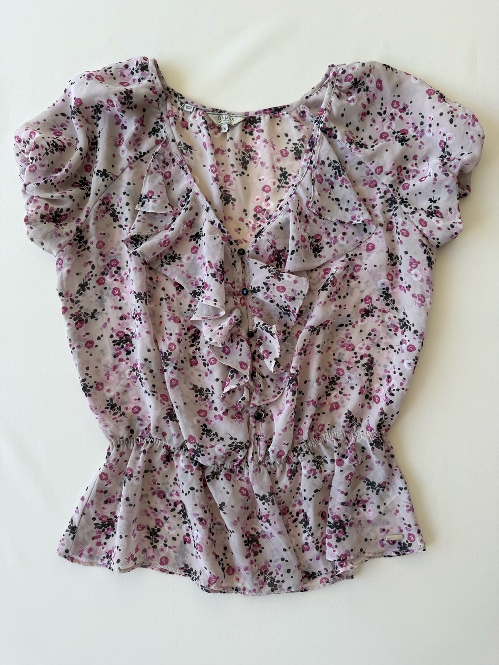 Guess Pink Floral Ruffle Peplum Blouse - Picture 2 of 9